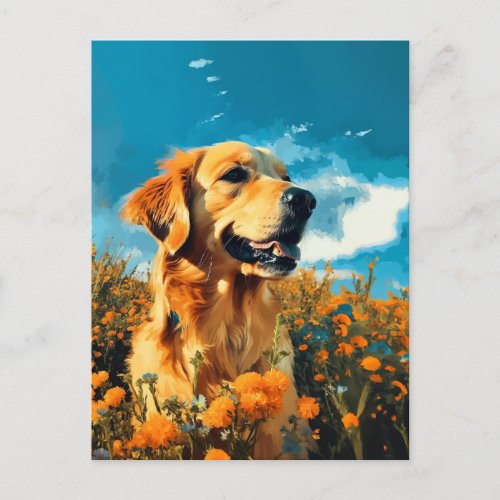 Golden Retriever in Floral Fields _ Postcard