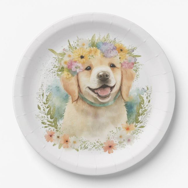 Golden Retriever In Floral Laurel Wreath   Paper Plates (Front)