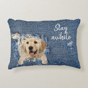 golden retriever in frayed blue denim hole accent pillow