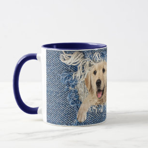 Golden retriever in frayed blue denim hole mug