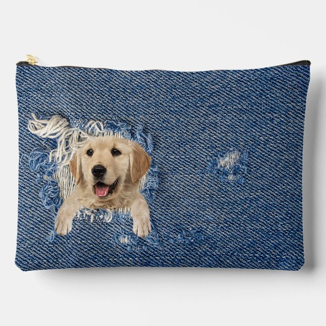 Golden Retriever in Frayed Denim Accessory Pouch (Front)