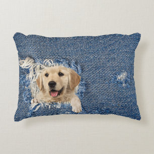 golden retriever in frayed denim hole accent pillow