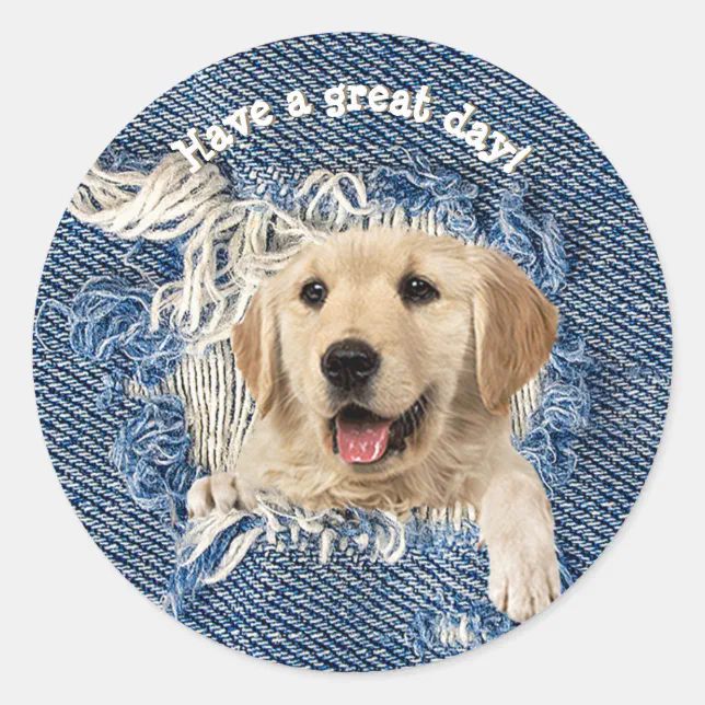 golden retriever in frayed denim hole classic round sticker | Zazzle