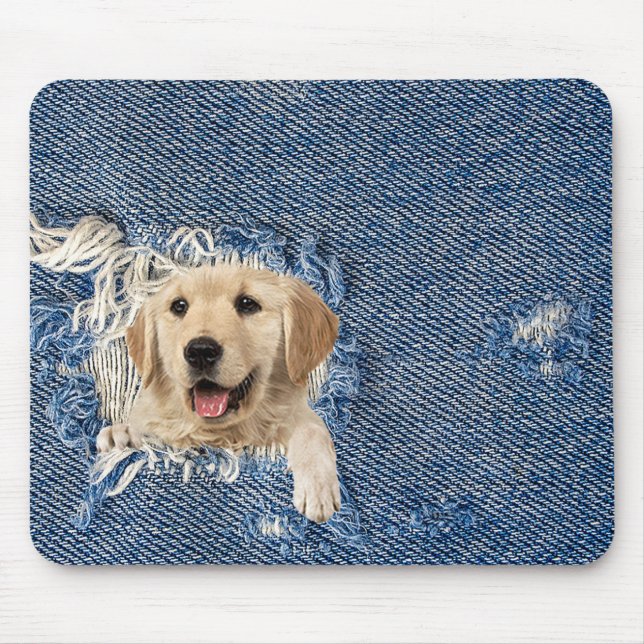golden retriever in frayed denim hole mouse pad (Front)