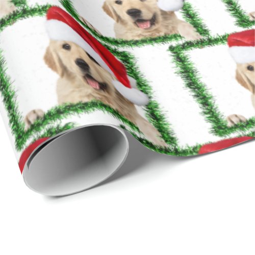 Golden Retriever in green tinsel frame Wrapping Paper