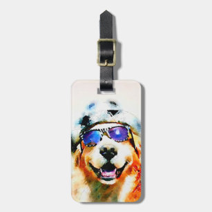 Golden Retriever in Hat and Sunglasses Watercolor Luggage Tag