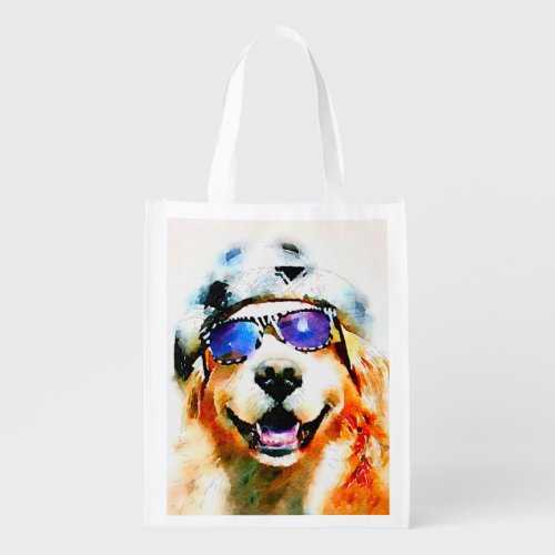 Golden Retriever in Hat and Sunglasses Watercolor Reusable Grocery Bag