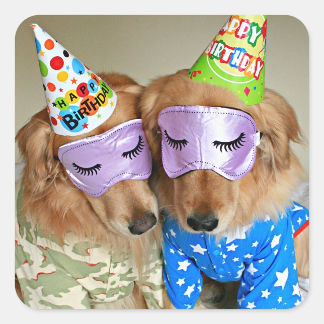 Golden Retriever in Pajamas Birthday Square Sticker (Front)