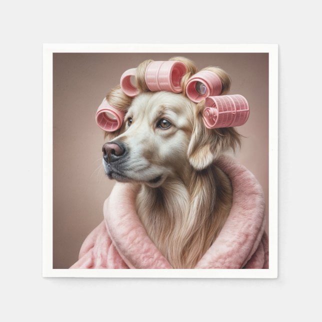 Golden Retriever In Pink Hair Curlers Napkins (Front)