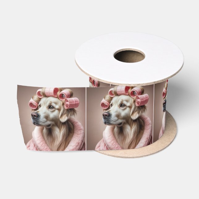 Golden Retriever In Pink Hair Curlers Satin Ribbon (Spool)