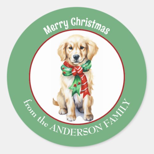 Golden Retriever in Red and Green Christmas Scarf Classic Round Sticker