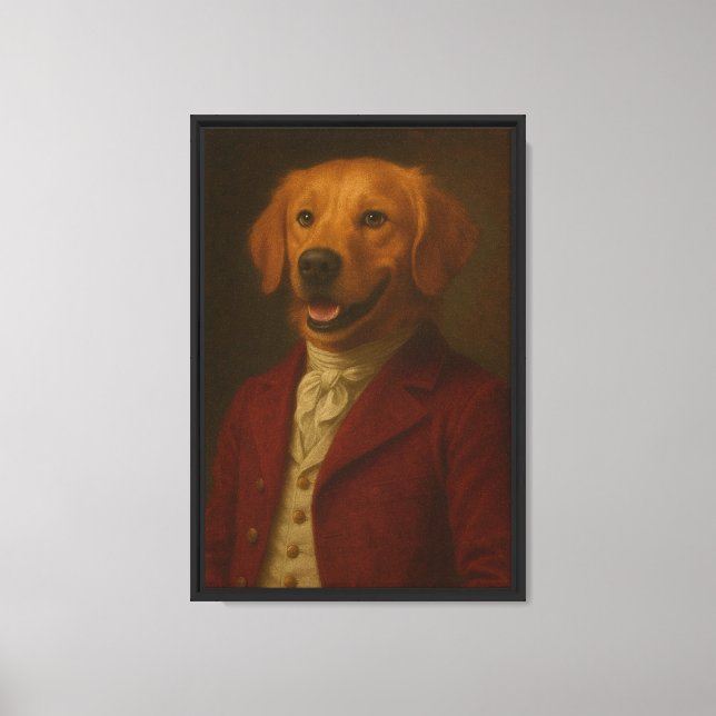 Golden Retriever in Red Coat Framed Canvas Wall Ar Print (Front)