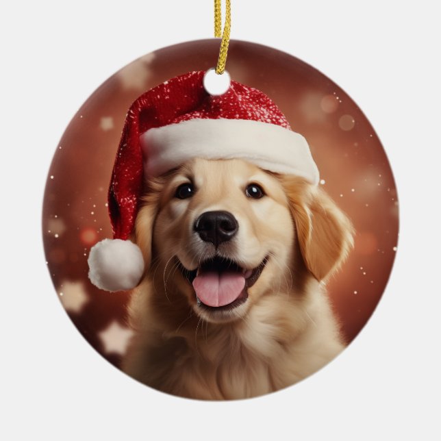 Golden Retriever in Santa Hat Ceramic Ornament (Front)