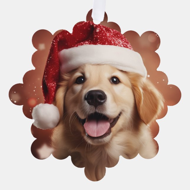 Golden Retriever in Santa Hat Ornament Card (Front)