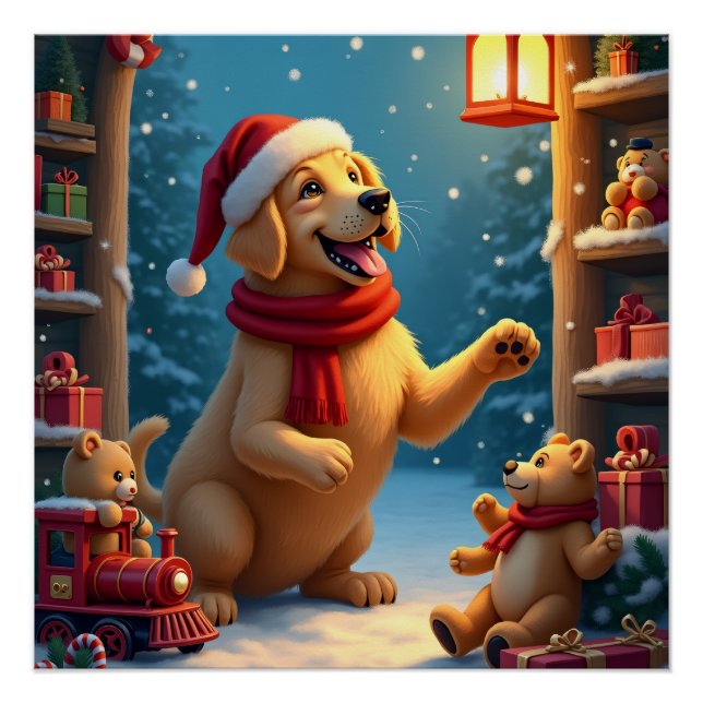 Golden Retriever in Santa’s Workshop Christmas Poster (Front)