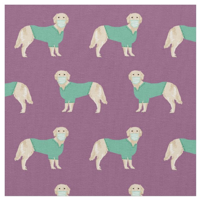 Golden Retriever in scrubs purple pattern Fabric (Close Up)