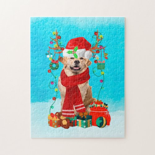 Golden Retriever in snow with Christmas gifts  Jigsaw Puzzle