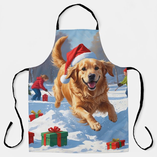 Golden Retriever in Snow with Christmas Hat Apron (Front)