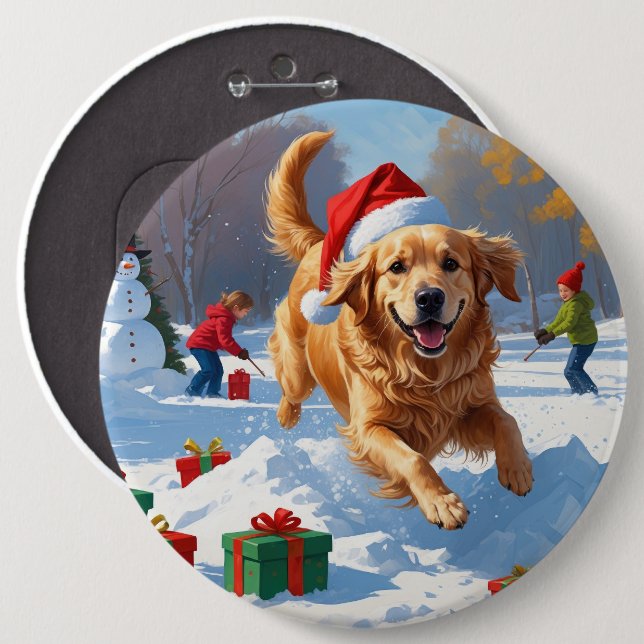 Golden Retriever in Snow with Christmas Hat Button (Front & Back)