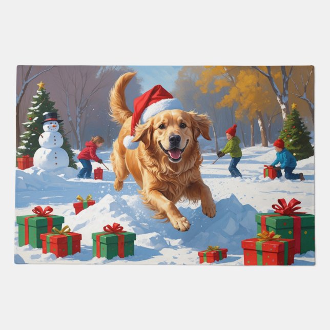 Golden Retriever in Snow with Christmas Hat Doormat (Front)