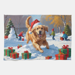 Golden Retriever in Snow with Christmas Hat Kitchen Towel