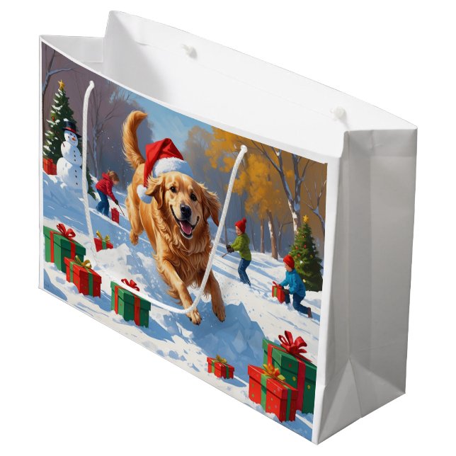 Golden Retriever in Snow with Christmas Hat Large Gift Bag (Front Angled)