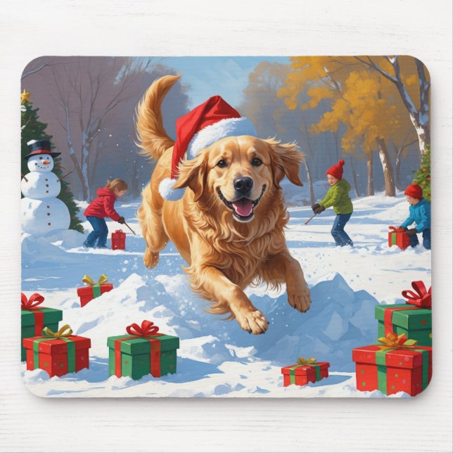 Golden Retriever in Snow with Christmas Hat Mouse Pad (Front)