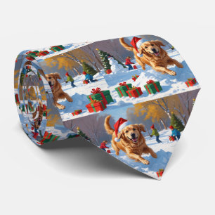 Golden Retriever in Snow with Christmas Hat Neck Tie