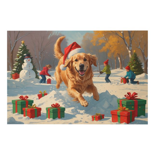 Golden Retriever in Snow with Christmas Hat Wood Wall Art (Front)