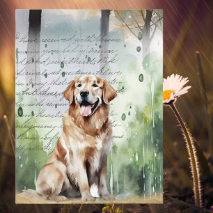Golden Retriever in Spring Rain Vintage Watercolor Holiday Postcard