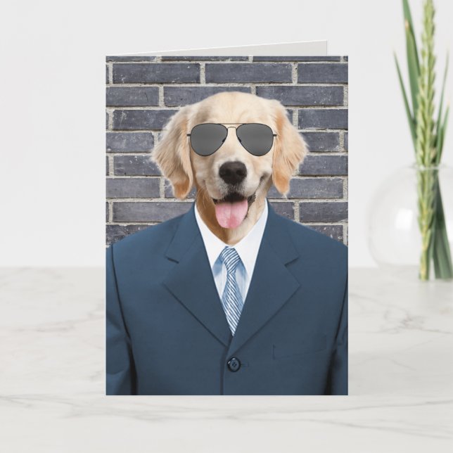 golden retriever in suit retirement card (Front)