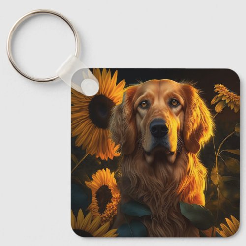 Golden Retriever in Sunflower Field _ Keychain