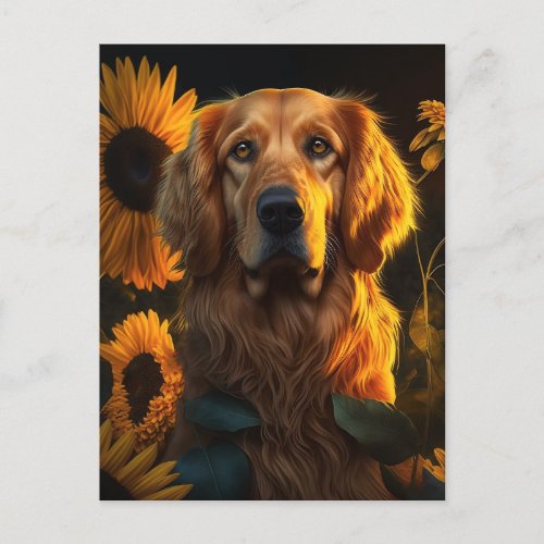 Golden Retriever in Sunflower Field _ Postcard