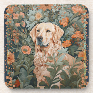 Golden Retriever in the Style of William Morris Beverage Coaster