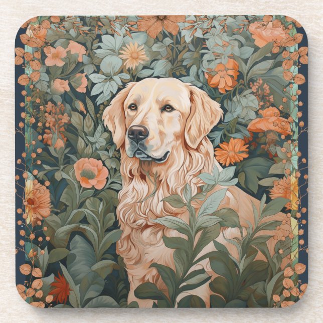 Golden Retriever in the Style of William Morris Beverage Coaster (Front)