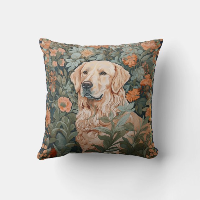 Golden Retriever in the Style of William Morris Throw Pillow (Back)