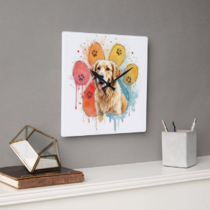 Golden Retriever in Watercolor Paw Print Square Wall Clock
