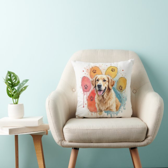 Golden Retriever in Watercolor Paw Print Throw Pillow (Chair)