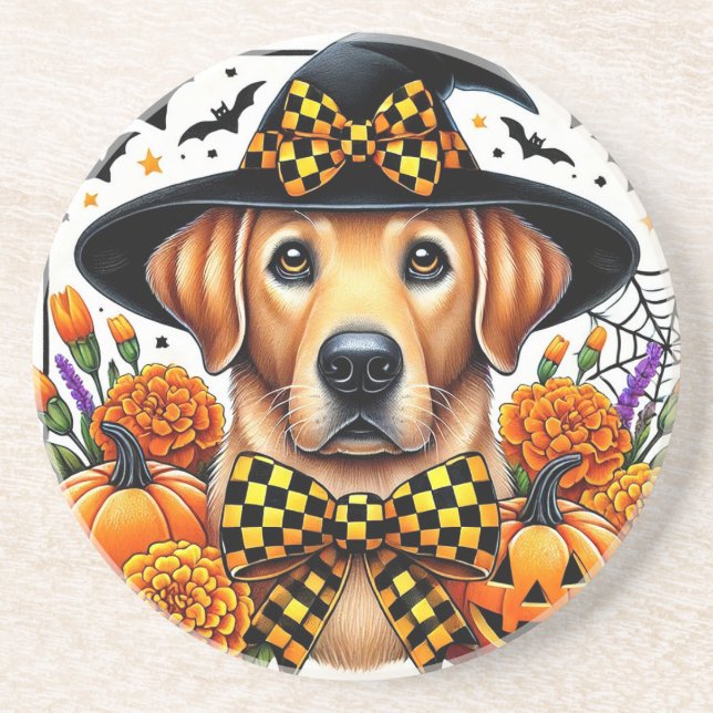 Golden Retriever in Witch Hat by Pumpkins Coaster (Front)
