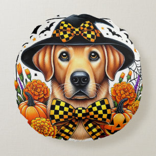 Golden Retriever in Witch Hat by Pumpkins Round Pillow