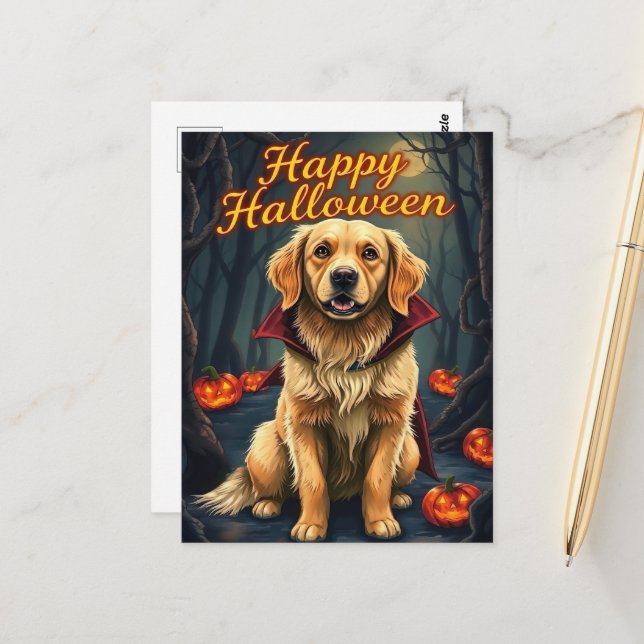 Golden Retriever in Witch Hat Halloween Cute Dog  Postcard (Front/Back In Situ)