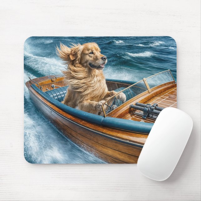 Golden Retriever In Wooden Motor Boat Mouse Pad (With Mouse)