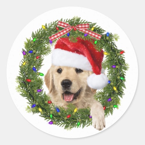 Golden Retriever in wreath with Christmas hat Classic Round Sticker