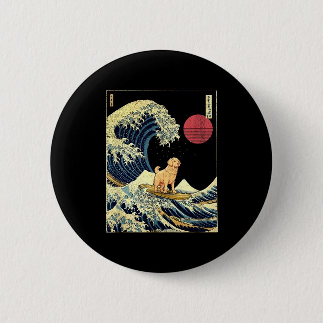 Golden Retriever Japanese Kanagawa Wave Funny Surf Button (Front)
