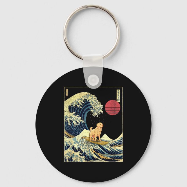 Golden Retriever Japanese Kanagawa Wave Funny Surf Keychain (Front)