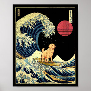 Golden Retriever Japanese Kanagawa Wave Funny Surf Poster