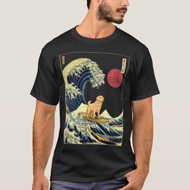 Golden Retriever Japanese Kanagawa Wave Funny Surf T-Shirt (Front)