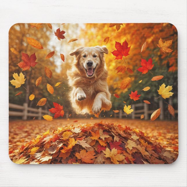 Golden Retriever Jumping In Autumn Leaf Pile Mouse Pad (Front)