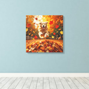 Golden Retriever Jumping In Leaf Pile Canvas Print