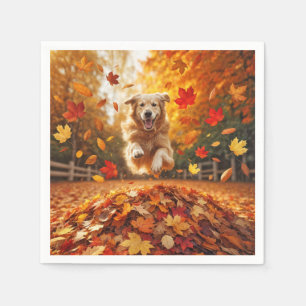 Golden Retriever Jumping In Leaf Pile Napkins